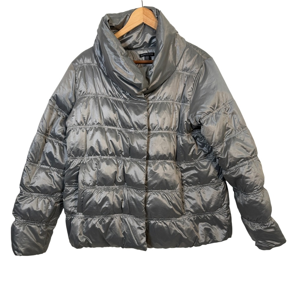 Eileen Fisher Puffer Jacket Womens M Gray Good Down Funnel Neck Metallic Quilted